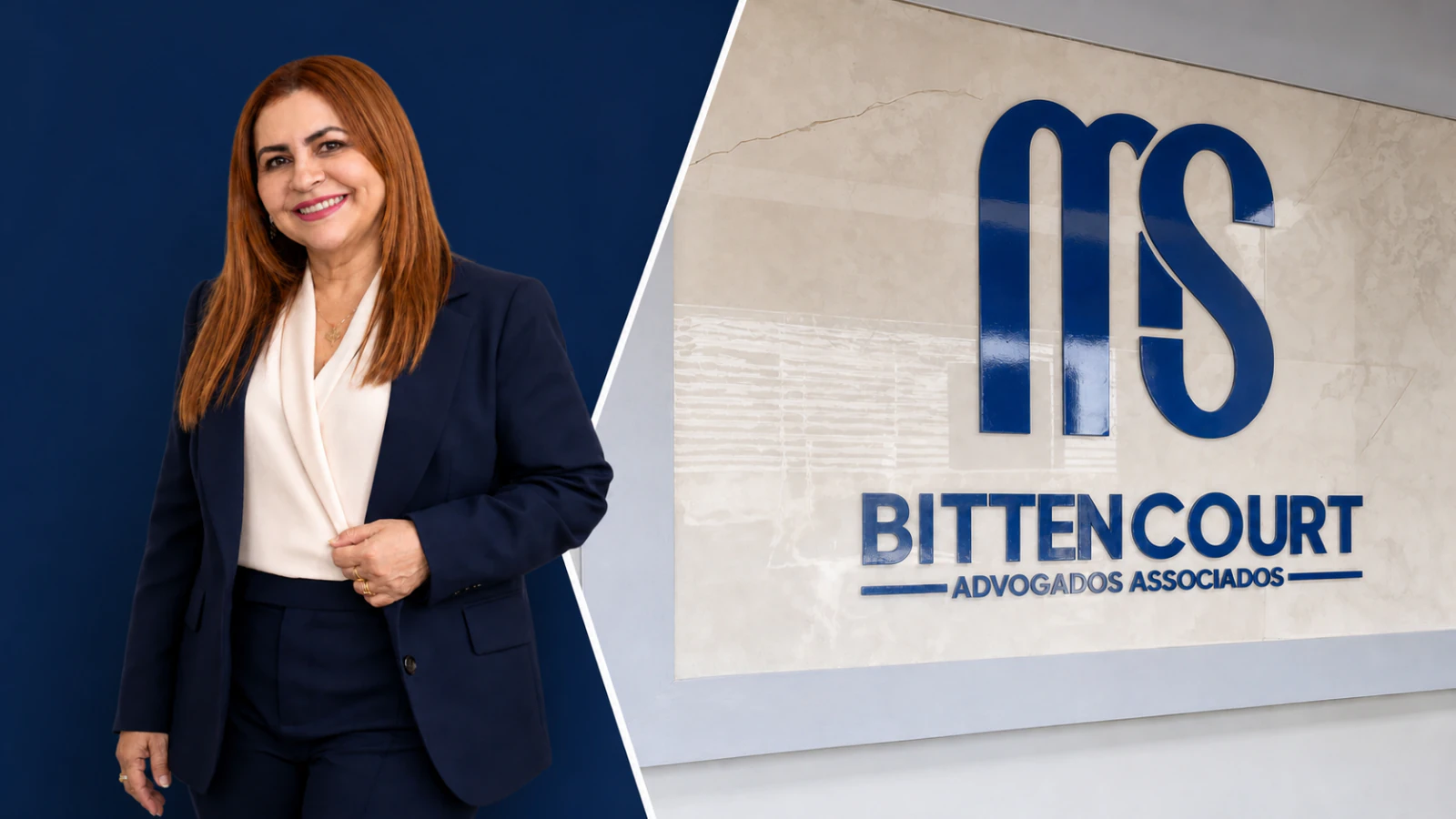 Dra. Mara Bittencourt ao lado do letreiro do escritório MSBittencourt Advogados Associados